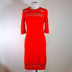 Milly Women’s Dress Orange Sheath Crochet Body Con Midi 3/4 Sleeve Size S